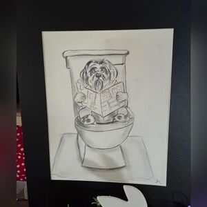 Whimsical Shitzo Dog on Toilet Black & White Art Print Original Signed
